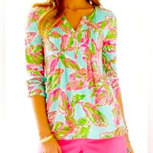 EUC-Lilly Pulitzer Dorothy Pleated Henley Blouse Sz XL